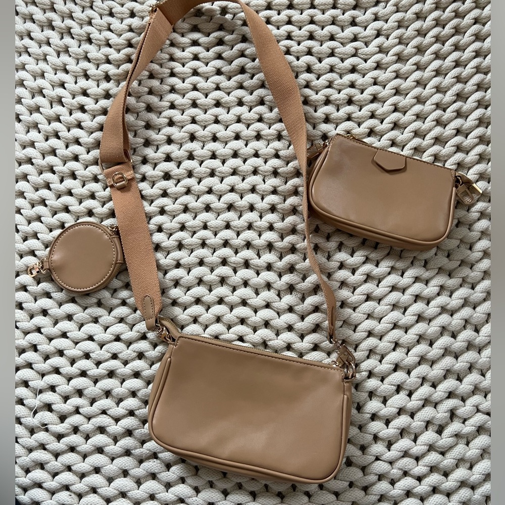 3 piece cross body bag set in camel